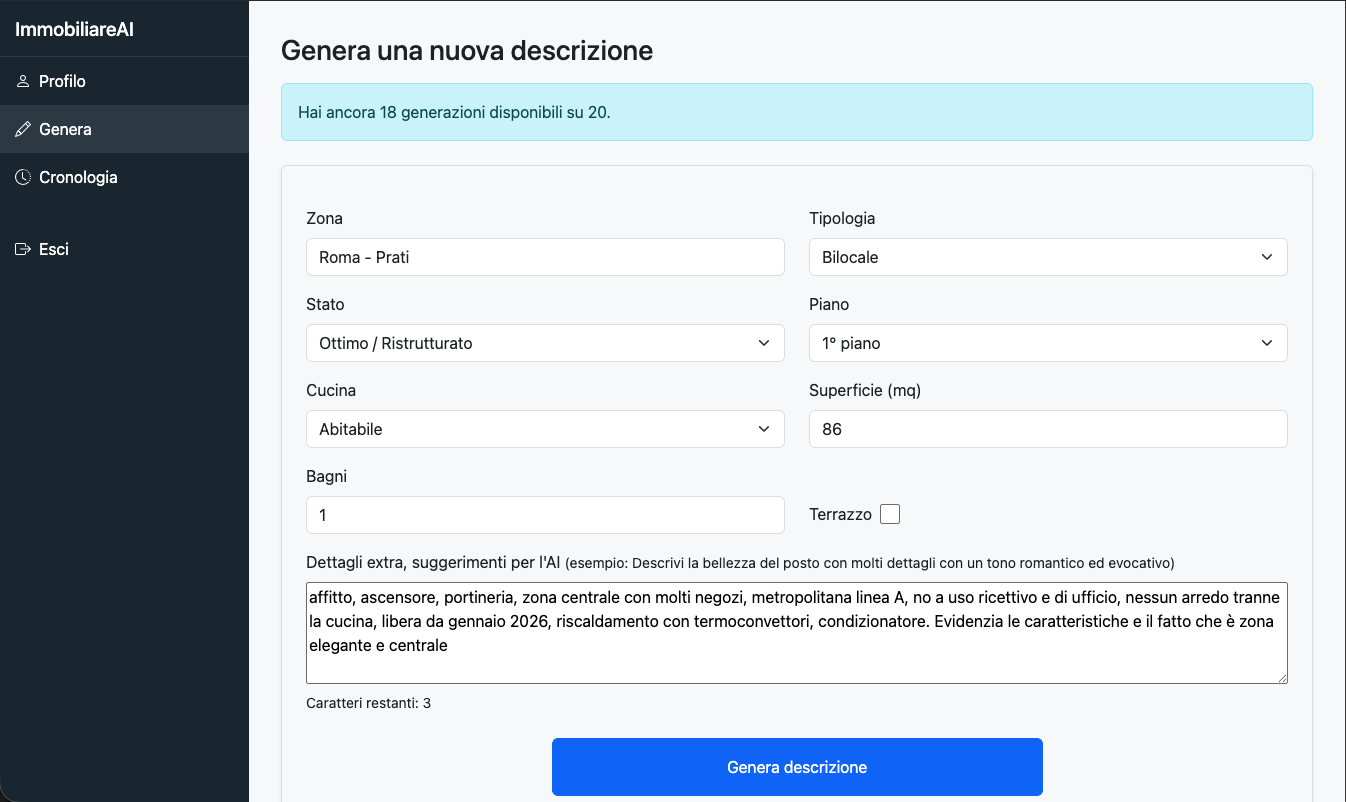 Form compilato per la generazione dell’annuncio